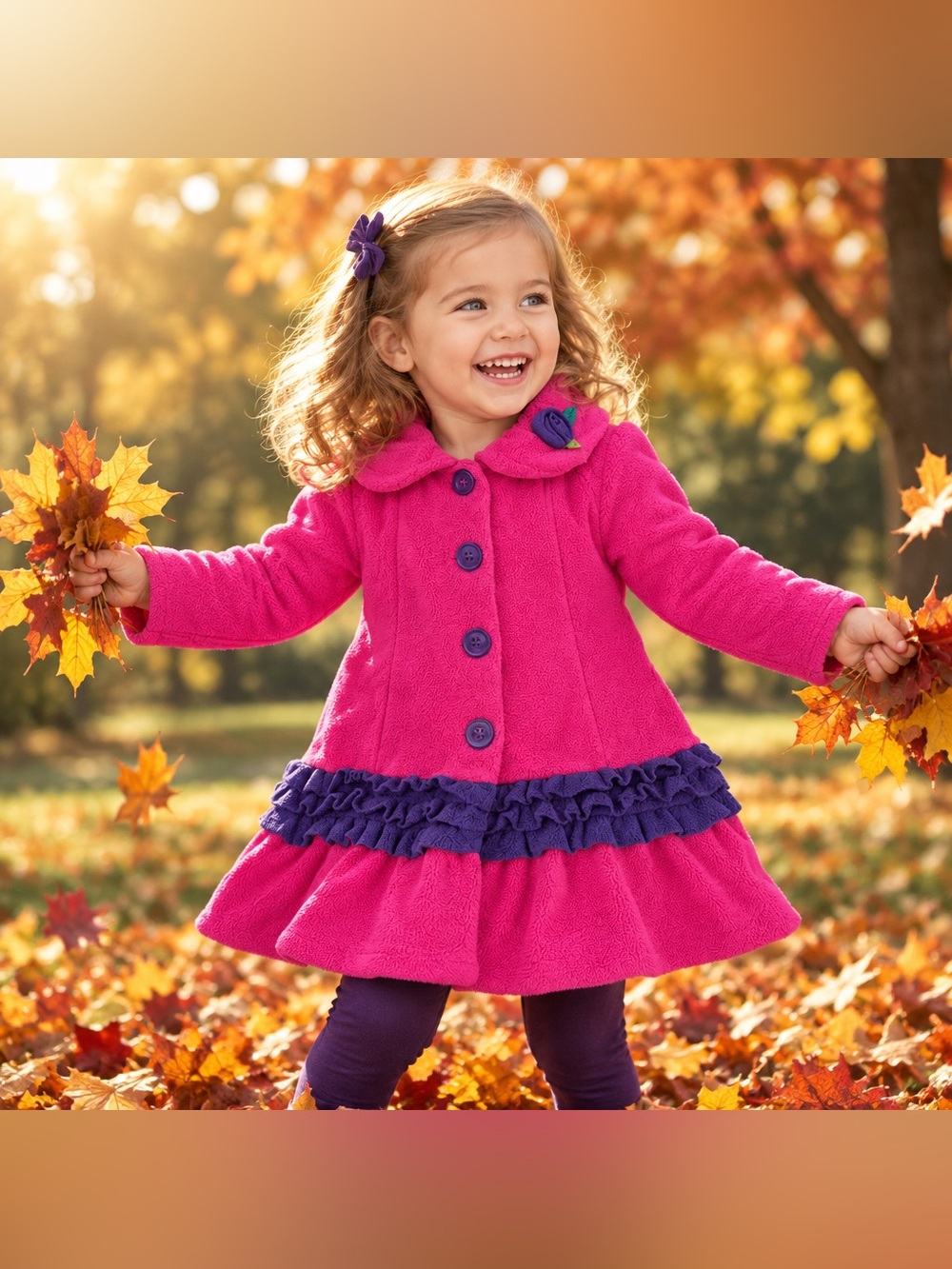 MACK & CO Toddler Girl’s Hot Cocoa Fleece Jacket Ruffles Pink Purple Button 3T